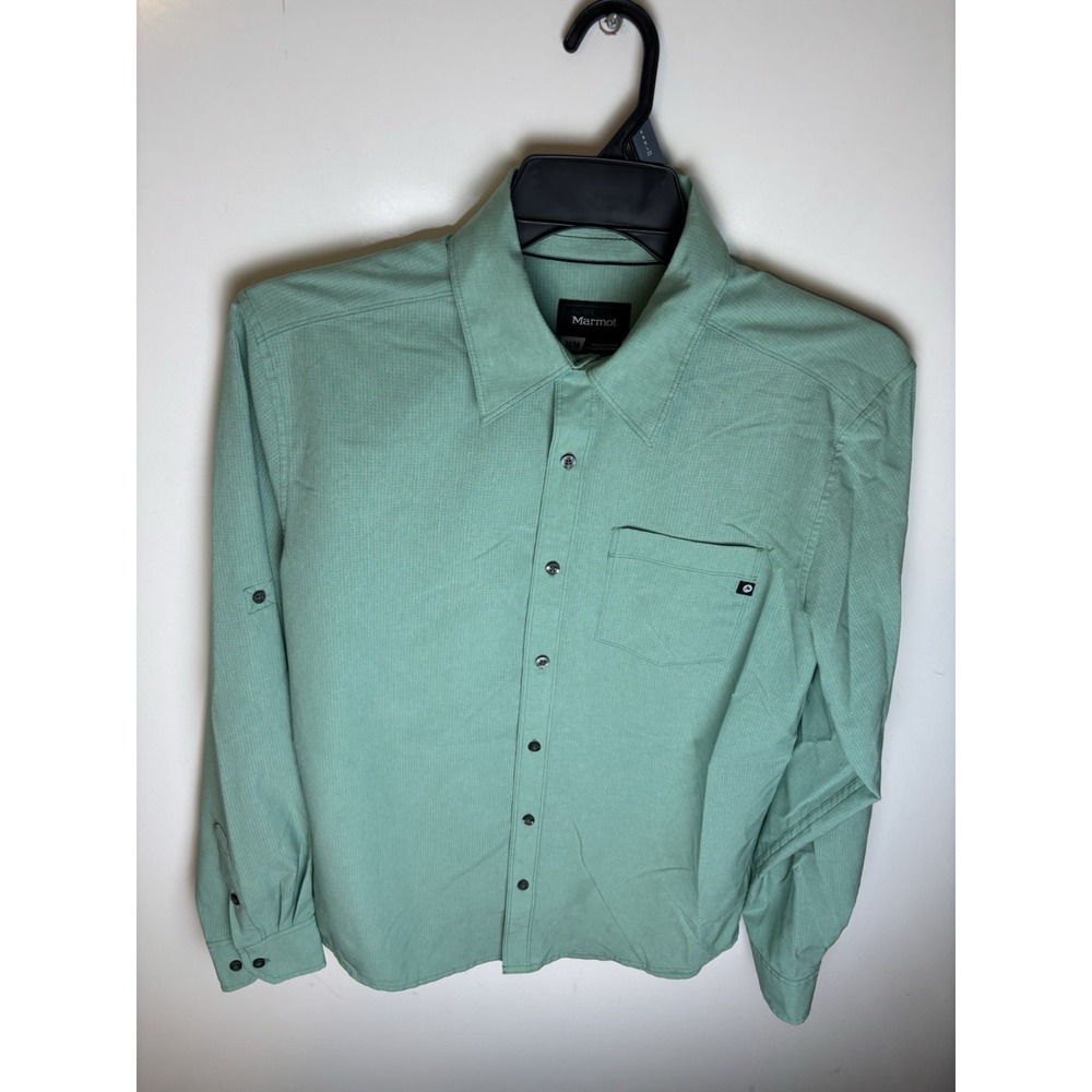 Marmot Button Up Shirt Mens M Pond Green Roll Tab Woven Outdoor Aerobora